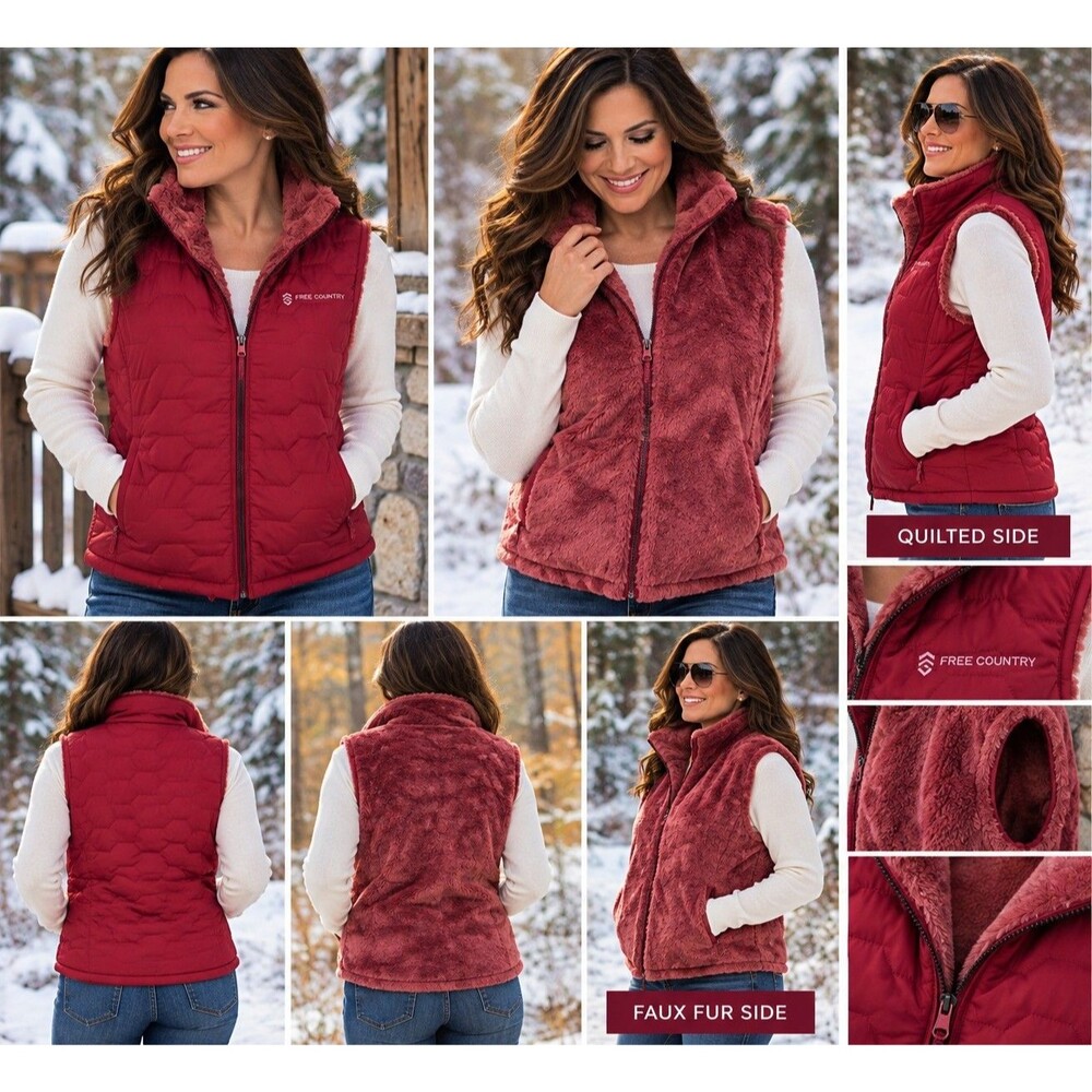 Free Country Women’s Reversible Vest Medium Burgundy Quilted Faux Fur Full Zip
